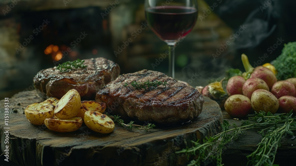 A mouthwatering photo of perfectly grilled steaks, perfectly cut and arranged on an old wooden background. A mouthwatering photo of perfectly grilled steaks, perfectly cut and arranged on an old wooden background.