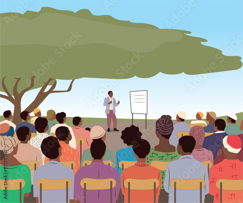 Create a 25word perfect description to market a flat color vector illustration an African community aweaness or sentitization outdoor meeting all class of people and state it's use