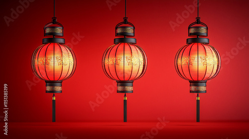 Three traditional chinese red lanterns on vibrant red background photo