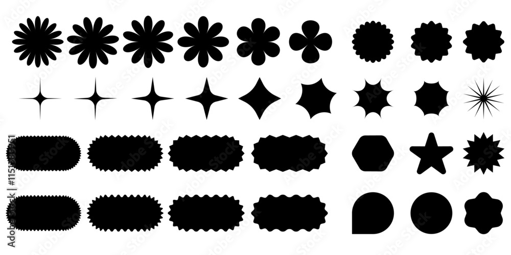 Fototapeta premium Minimalist Geometric Shapes Set collection. Modern Decorative Symbols, sticker, Labels, Logos and Icons. Stars, Flowers and Circles with Zig Zag Edge