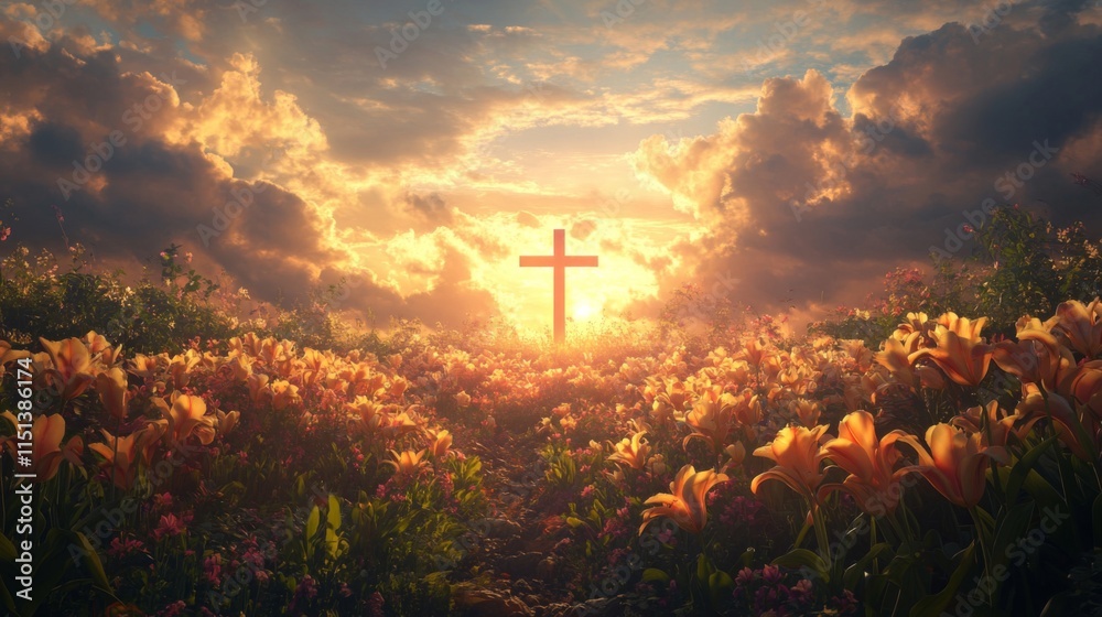 Obraz premium Sunset Cross Over Field Of Lilies