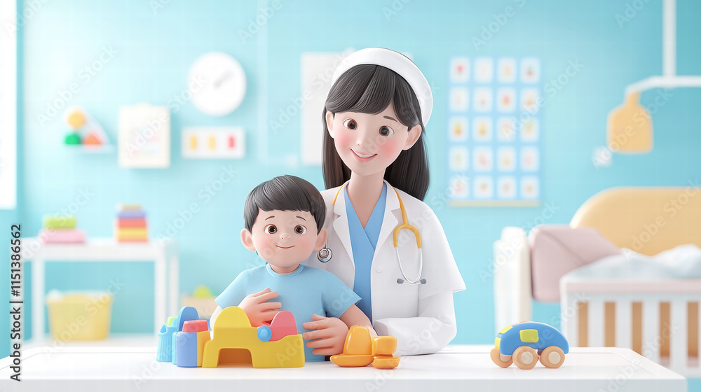 pediatric nurse comforts child in cheerful hospital setting, surrounded by toys and bright, welcoming atmosphere. nurse warm smile creates sense of safety and care pediatric nurse comforts child in cheerful hospital setting, surrounded by toys and bright, welcoming atmosphere. nurse warm smile creates sense of safety and care