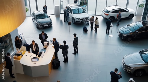 High-traffic car exchange area. Featuring staff busy with trade-in evaluations