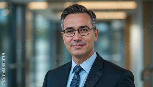 Confident businessman in a suit smiling for the camera, professional portrait in corporate environment