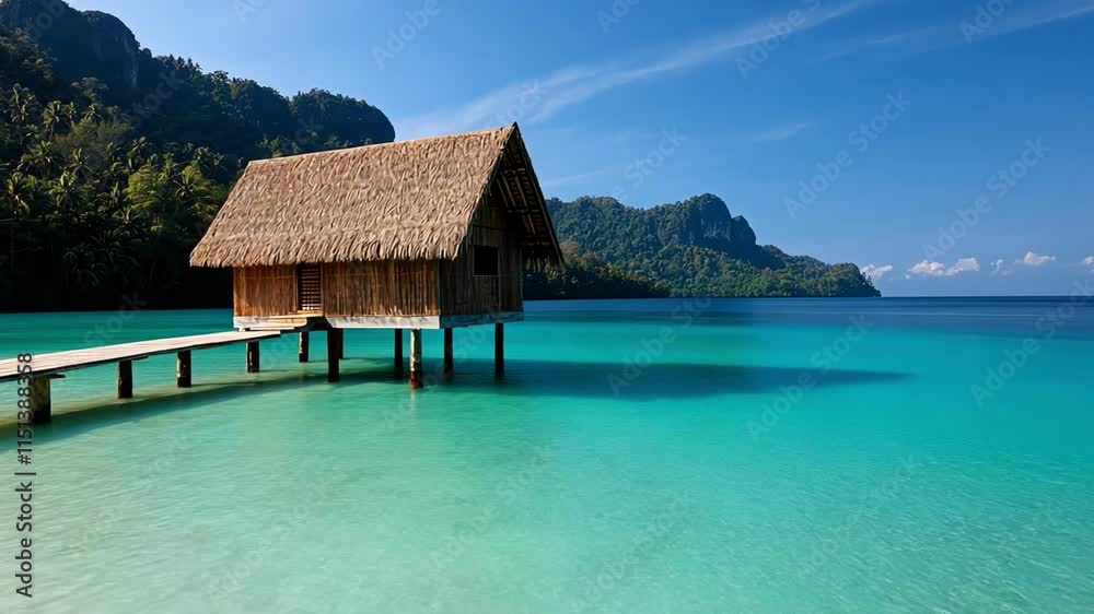 Tropical hut on water, serene ocean, clear blue sky, beautiful landscape. Tropical hut on water, serene ocean, clear blue sky, beautiful landscape.