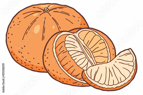 
Tangerine, Whole fruit with loose skin texture and peeled sections vector silhouette on a white background