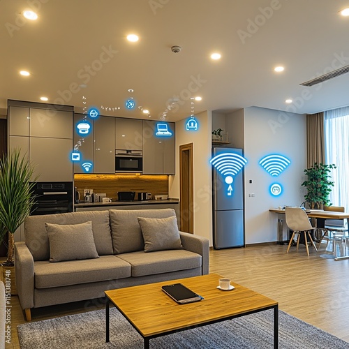 Smart home equipped with Wi-Fi connectivity and smart appliances. 