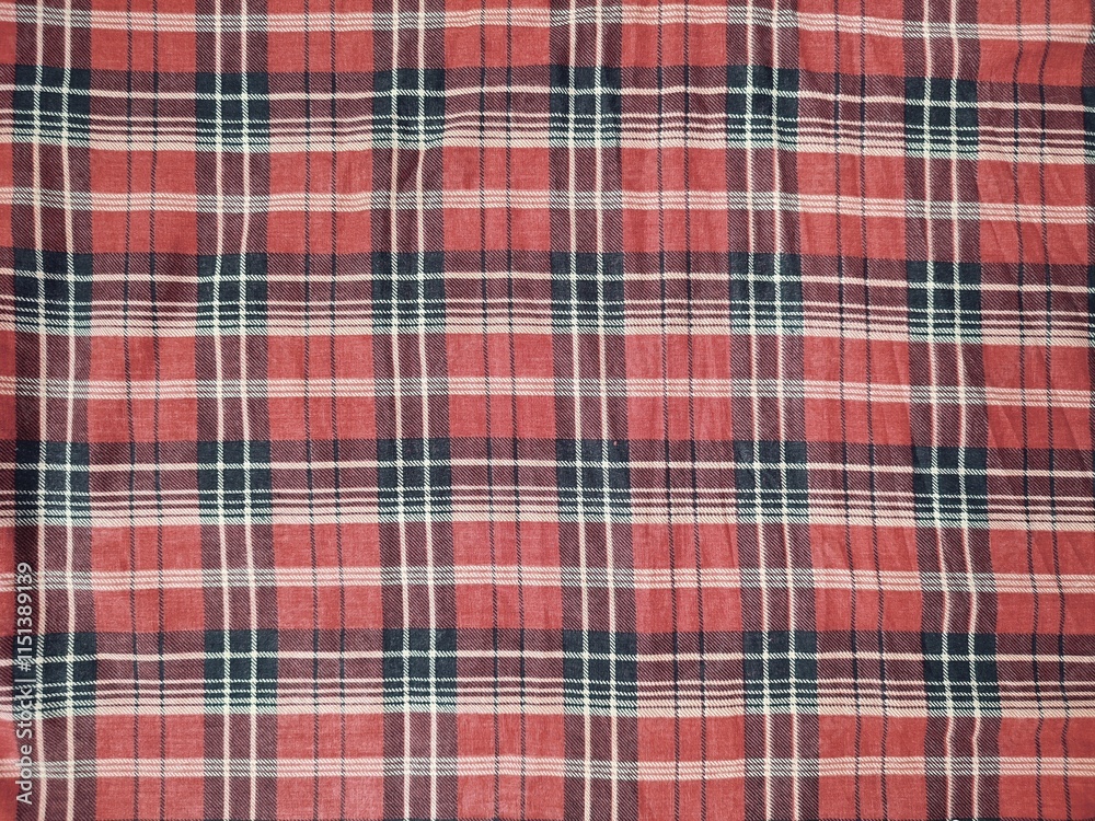 The pattern and background of the fabric has a red checkered motif The pattern and background of the fabric has a red checkered motif