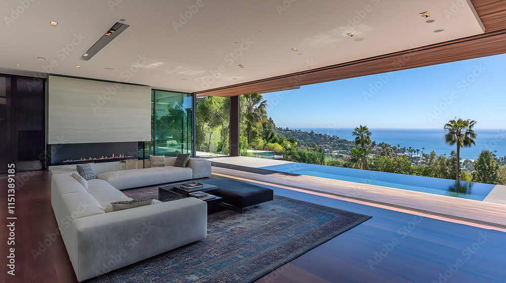 Fototapeta premium Modern Ocean View Living Room Relaxation Luxury home interior, infinity pool, coastal landscape, daytime scene, real estate marketing.