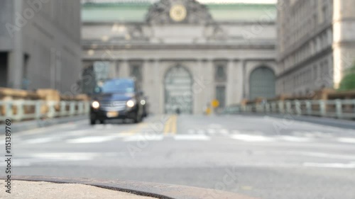 New York City Grand Central Terminal railway station building architecture, 42 street. Manhattan Midtown. Yellow taxi cab, car transport, Pershing Square bridge, NYC, USA. American urban road traffic.