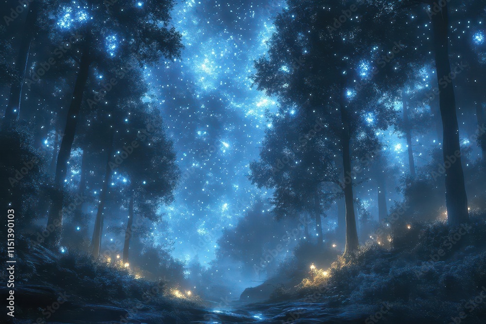 Naklejka premium enchanted azure forest illuminated by ethereal orbs, intertwining trees under a starry sky, casting soft blue hues and shadows, evoking a sense of wonder and magic