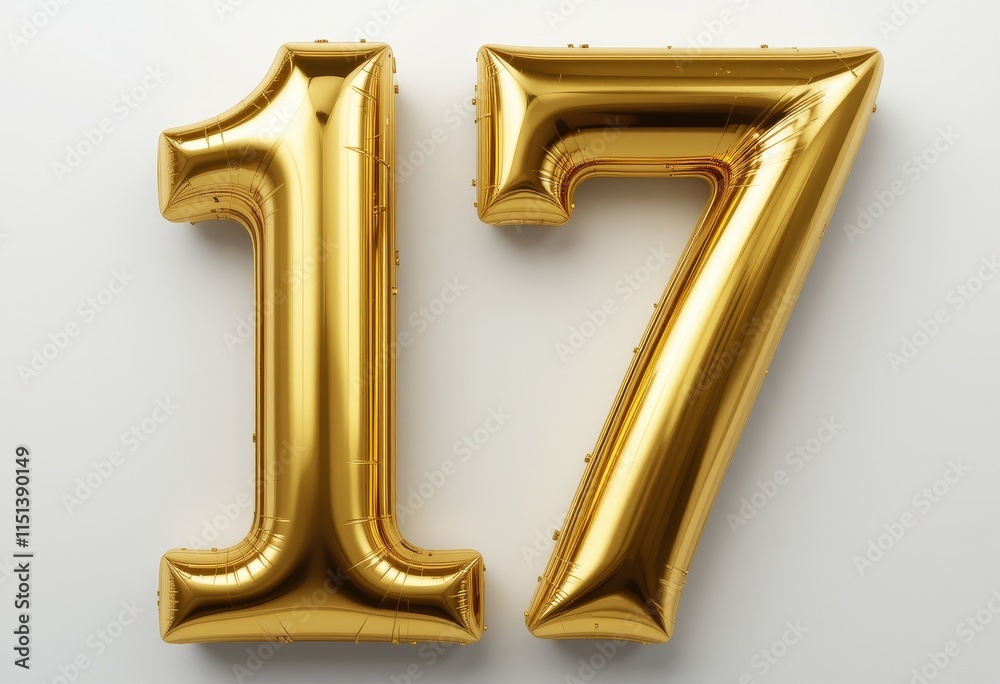 Golden Number Seventeen Balloons, Festive Decoration for a Birthday or Anniversary Celebration Golden Number Seventeen Balloons, Festive Decoration for a Birthday or Anniversary Celebration