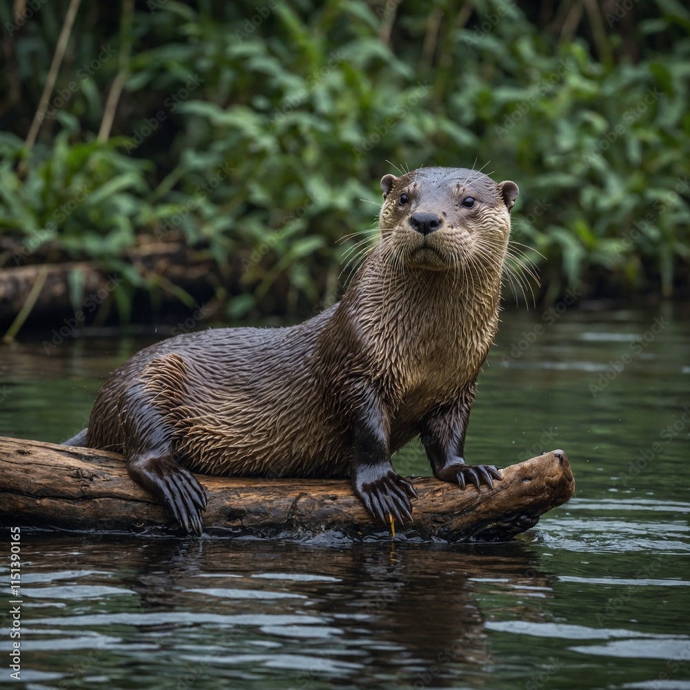 A playful river otter holding a fish while resting on a log in the Amazon River. A playful river otter holding a fish while resting on a log in the Amazon River.