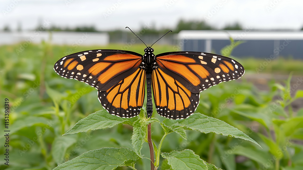 Naklejka premium Monarch Butterfly Perched on Plant, Greenhouses Background, Nature Conservation.