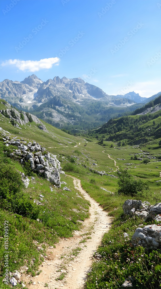 Fototapeta premium Mountain Hiking Trail Scenic Alps Landscape Travel Poster.