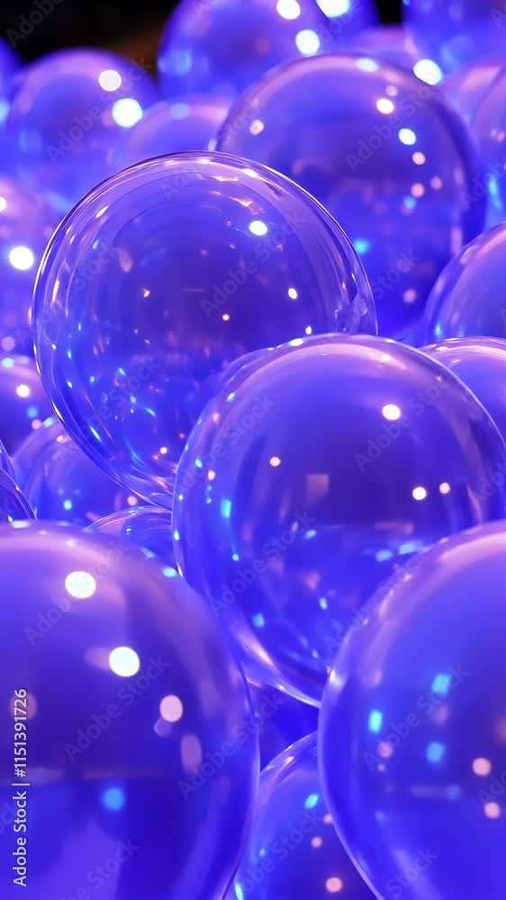 Bright blue transparent spheres create an enchanting display at a modern event venue during the evening Bright blue transparent spheres create an enchanting display at a modern event venue during the evening