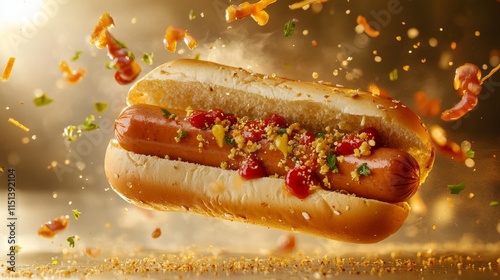 Exploding hot dog composition, professional food styling, suspended condiments, glossy bun texture, juicy frank, dynamic flying ingredients, golden warm background, commercial grade photography,