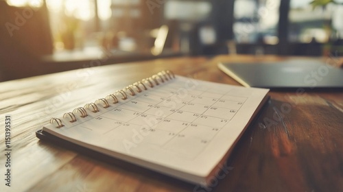 Calendar page turning over on a wooden table surface, representing business schedule, planning, and appointment organization for meetings and events photo