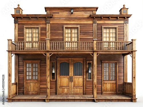3D Render Wide-Angle Western Saloon: Swinging Doors, Wooden Facade, White Background
