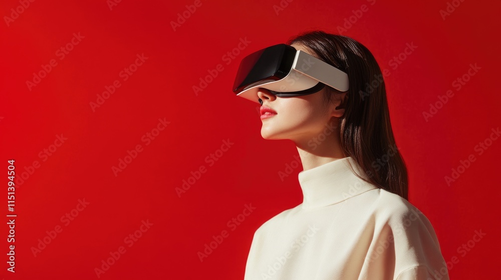 A woman wearing VR glasses on a red background, in a minimalistic style.