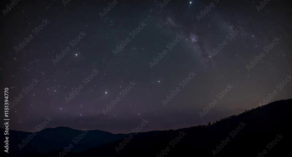 Timelapse of moving starry night sky over silhouette of mountains and trees, with the Milky Way visible in the background