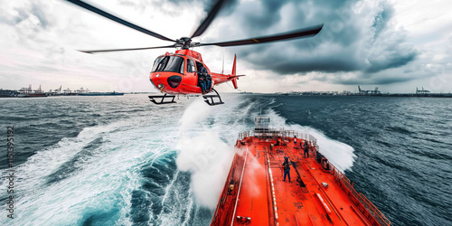 Helicopter over ocean vessel, dramatic sky photo