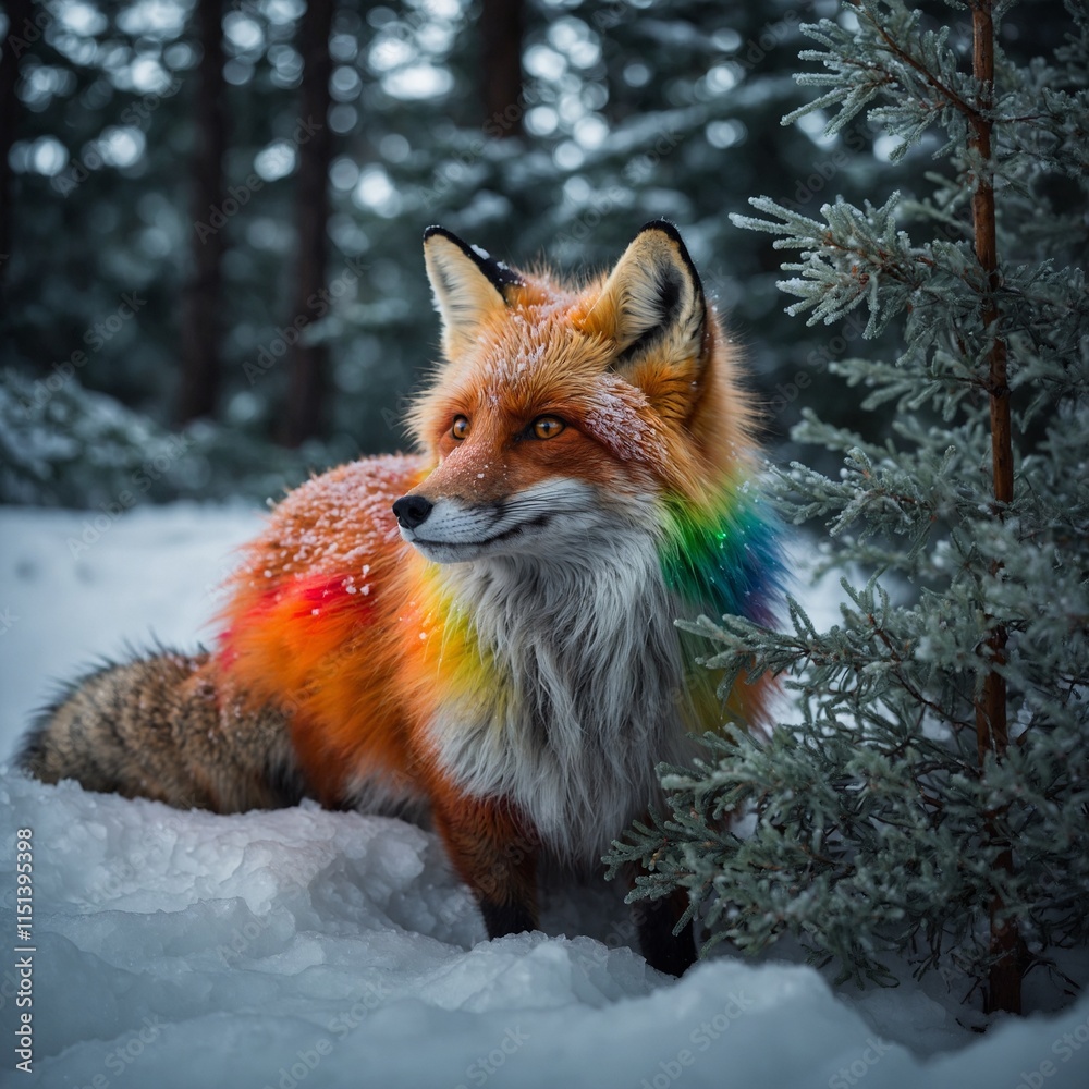 Fototapeta premium A glowing fox-like creature with rainbow fur curling up under a frosty evergreen wrapped in garlands.