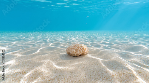 Underwater image ocean  The water appears crystal clear turquoise blue . the sun's rays penetrating the surface underwater landscape,sandy , coastal area or lagoon. photo