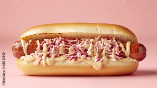 macro food photography, loaded hot dog sandwich, fresh golden bun, grilled sausage, shredded cabbage slaw, creamy sauce drizzle, soft pink background blur, lifestyle capture, shallow depth of field, photo