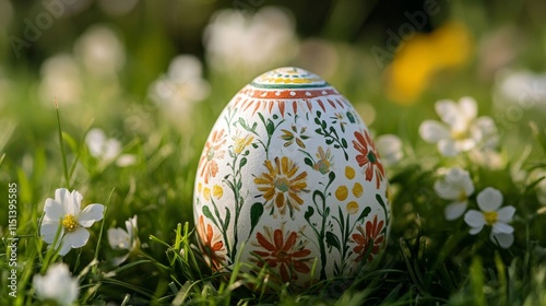 Decorated Easter Egg Rests In Spring Grass