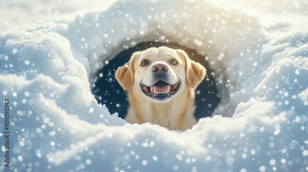 A cute, happy dog sitting in a snow-covered hole. A cute, happy dog sitting in a snow-covered hole.