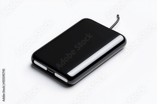 Sleek black power bank with charging cable on white background. photo