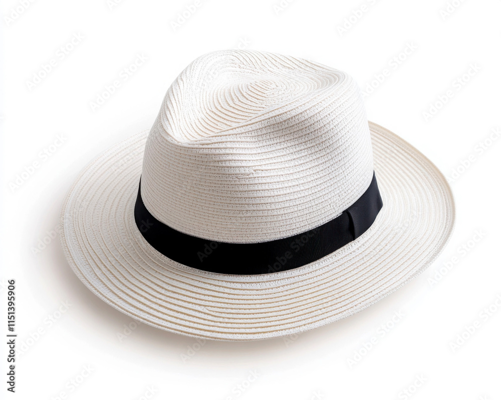 Stylish white panama hat with a black band for sunny outdoor days. Stylish white panama hat with a black band for sunny outdoor days.