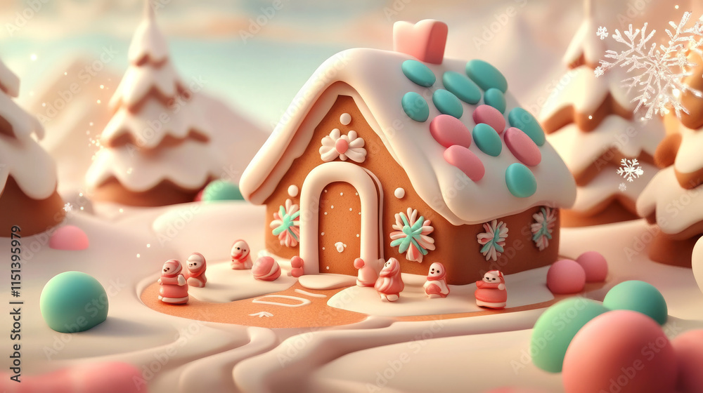 Fototapeta premium Gingerbread Wonderland: A whimsical, 3D-rendered gingerbread house nestled amidst a snowy winter landscape, adorned with candy and snowflakes, creating a festive and enchanting scene. 