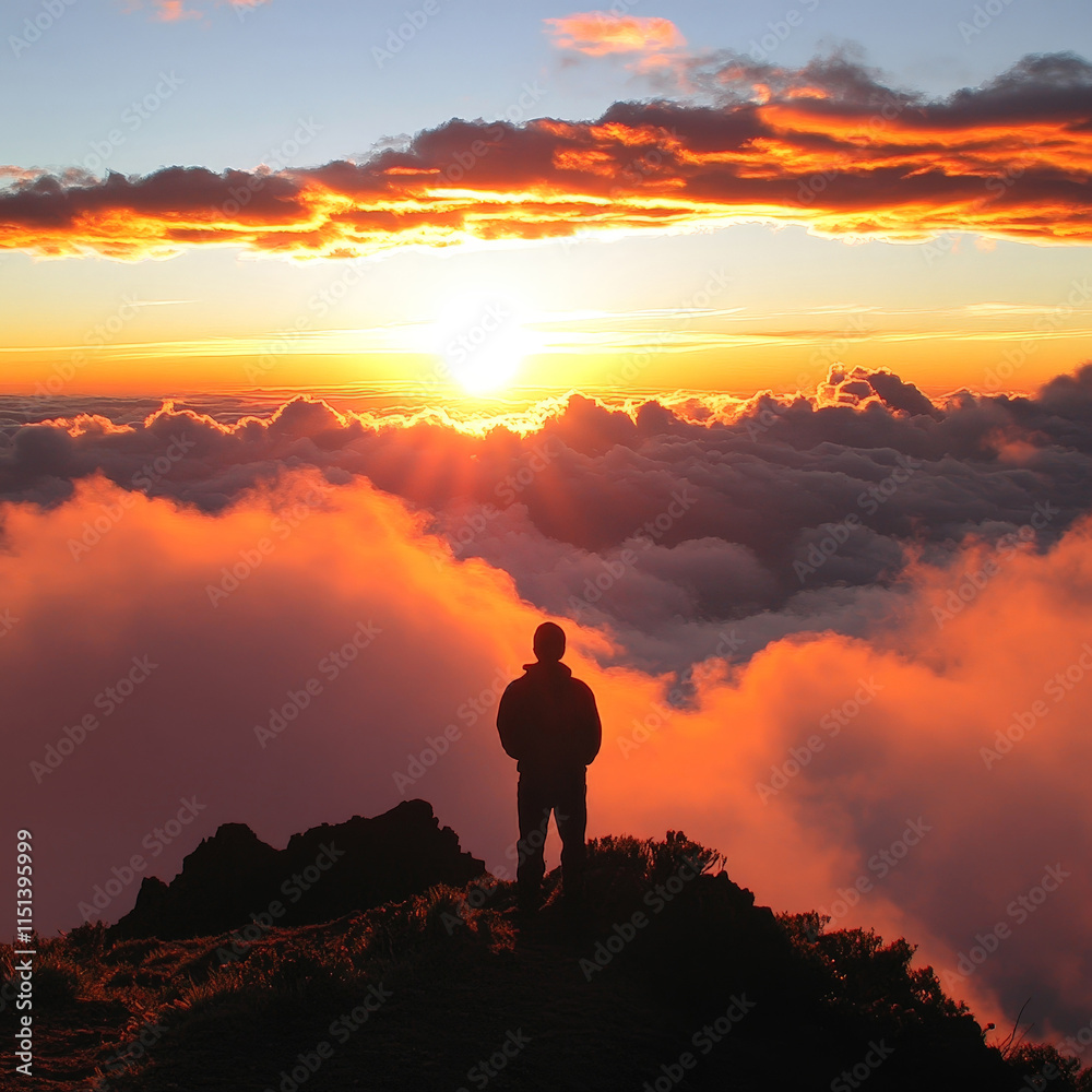 Obraz premium silhouette of a person standing on a mountain peak, surrounded by vibrant clouds illuminated by a breathtaking sunset. The serene atmosphere conveys a sense of peace, reflection, and adventure
