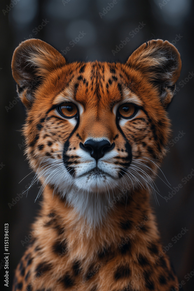 Fototapeta premium close-up portrait of a young leopard with intense golden eyes and striking spotted fur, set against a dark, blurred background that highlights its majestic and captivating presence