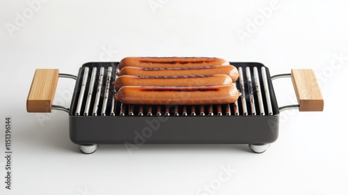 modern food styling, sizzling hot dogs, portable barbecue grill, metallic cooking surface, drifting smoke elements, wooden accent handles, perfect grill stripes, minimalist white setting, product