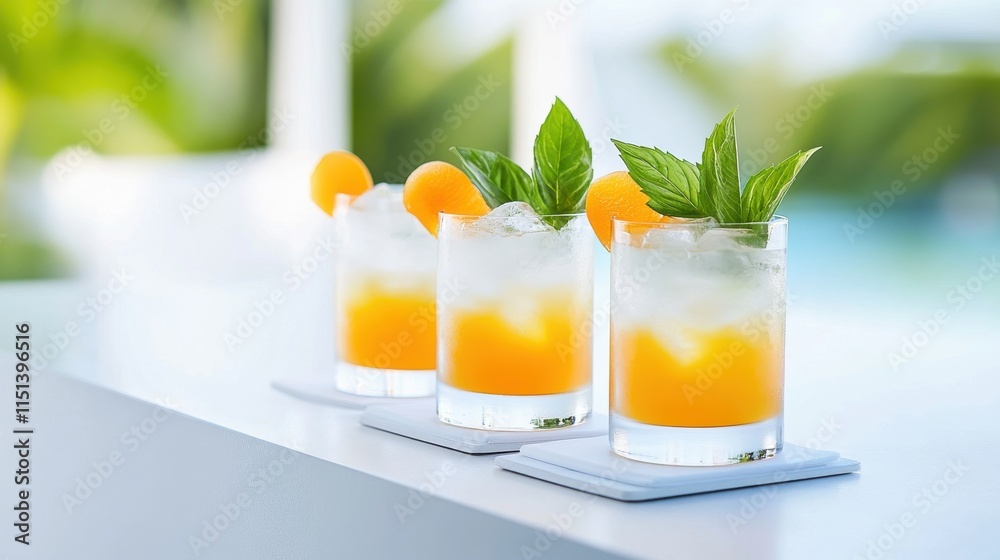Fototapeta premium Three glasses of orange juice with a slice of orange in the middle