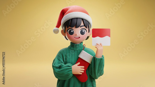 character woman, wear green casual sweater Santa hat posing hold stocking, store gift coupon voucher card isolated