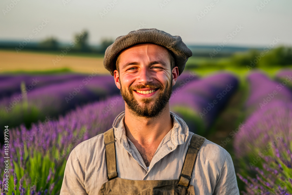 Fototapeta premium Young caucasian male smiling in lavender field at sunset