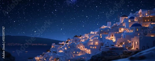 A starry night over Santorini with whitewashed buildings and blue domes illuminated