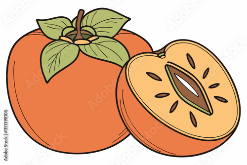 Persimmon, Smooth rounded shape with a leafy calyx top vector silhouette on a white background