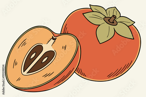 Persimmon, Smooth rounded shape with a leafy calyx top vector silhouette on a white background photo