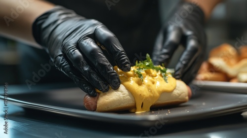 close-up shot of gourmet hot dog presentation, black nitrile gloves, melted yellow cheese garnish, pristine bread roll, commercial food styling, industrial kitchen setting, dramatic composition