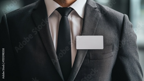 Professional businessman in suit with blank white nametag for corporate identity, networking, and professional events. photo