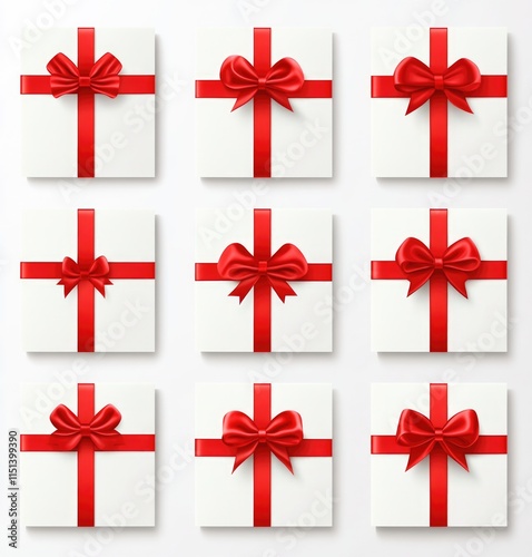 Set of blank white gift cards with red ribbon on a plain background.