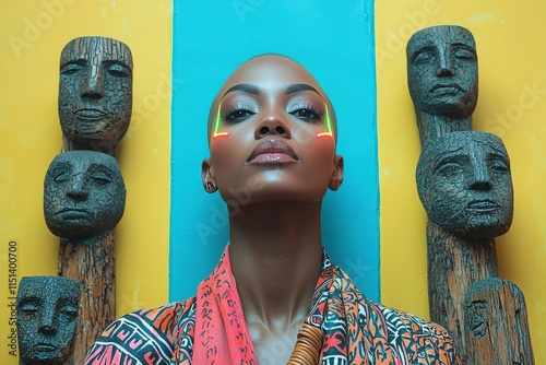 Vibrant afrocentric fashion with tribal art: bold neon accents and wooden sculptures photo