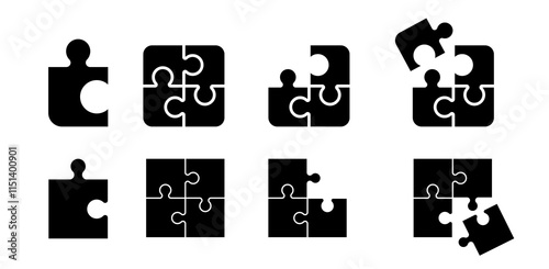 Puzzle piece element collection. Set of game puzzle. Pieces of puzzle. Vector outline icon of puzzle. Black jigsaw image.