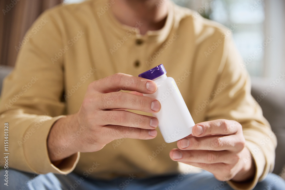 Man holding jar with empty space, filled with vitamins, dietary supplements for health. Strengthening immune system. Concept of illness, healthy insurance, pharmaceutical, medicine. Ad. Man holding jar with empty space, filled with vitamins, dietary supplements for health. Strengthening immune system. Concept of illness, healthy insurance, pharmaceutical, medicine. Ad.