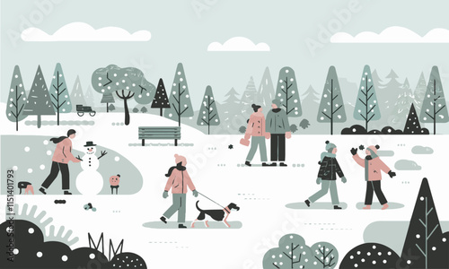Vector illustration of a snowy park with people engaging in various winter activities, easily editable.